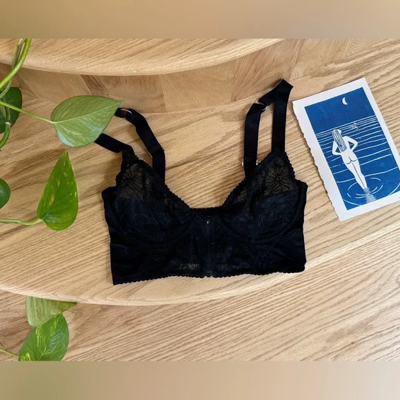 Lace French Plunge Bra 32C Black Front Zip Sheer Underwire - Picture 3 of 10